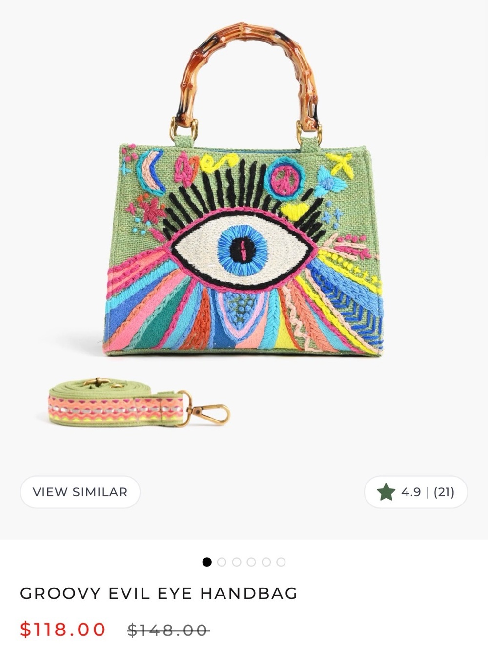 Embroidered Eye Satchel with Bamboo Handle - Green Multicolor